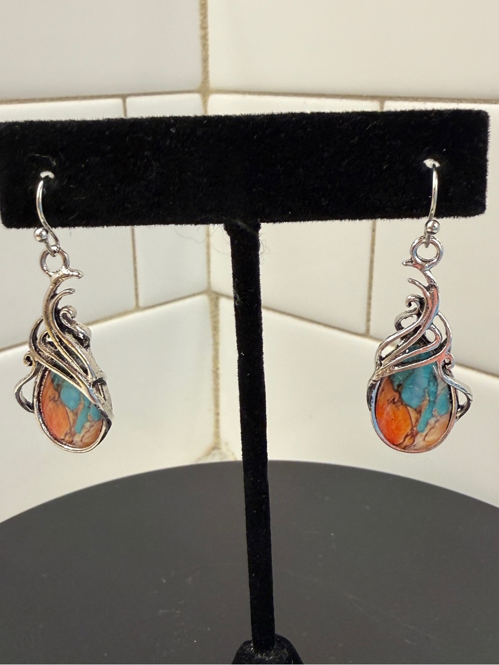 Silver-Tone Blue and Orange Stone Drop Earrings